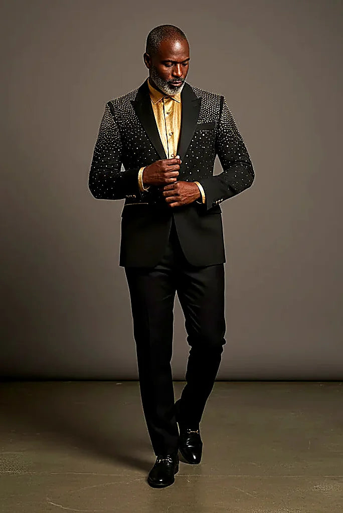 a rhinestone design over a one-tone fading ground, on this rhinestone Blazer