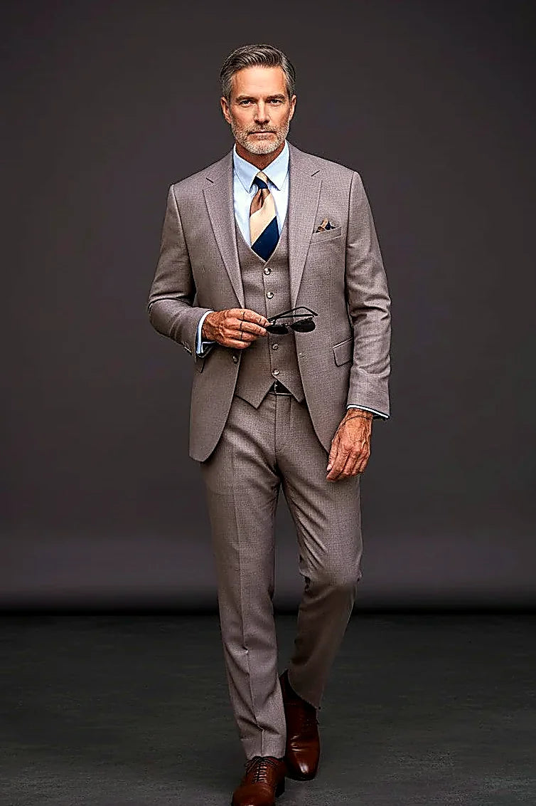 Taupe-Beige Three-Piece Suit — a smooth tailored finish in rich taupe-beige