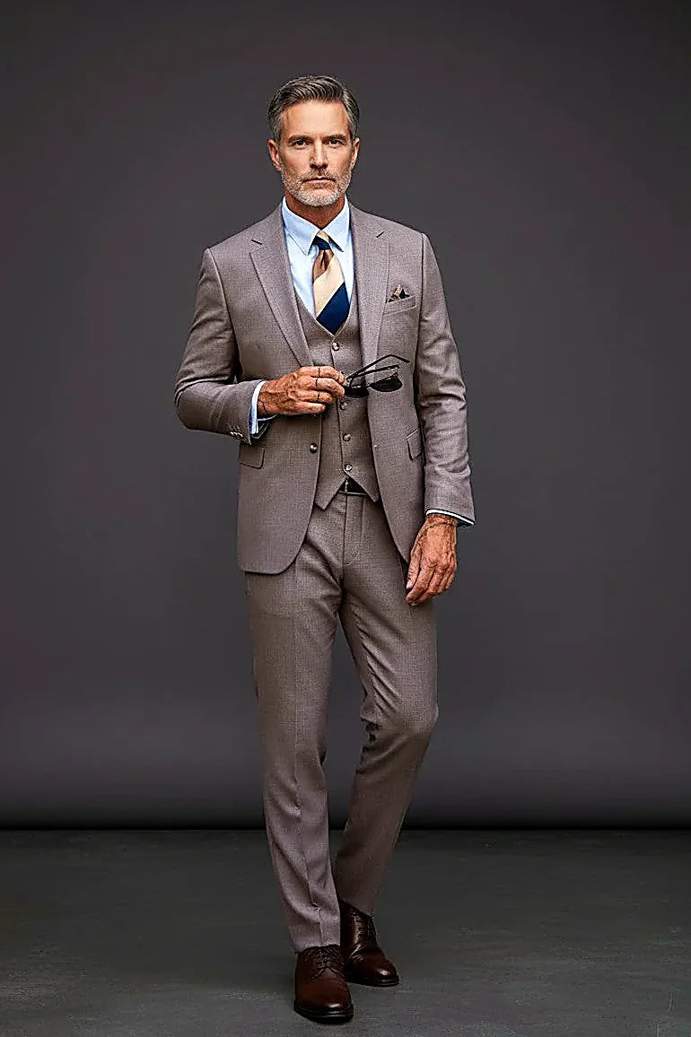 Taupe-Beige Three-Piece Suit showing a smooth tailored finish in rich taupe-beige