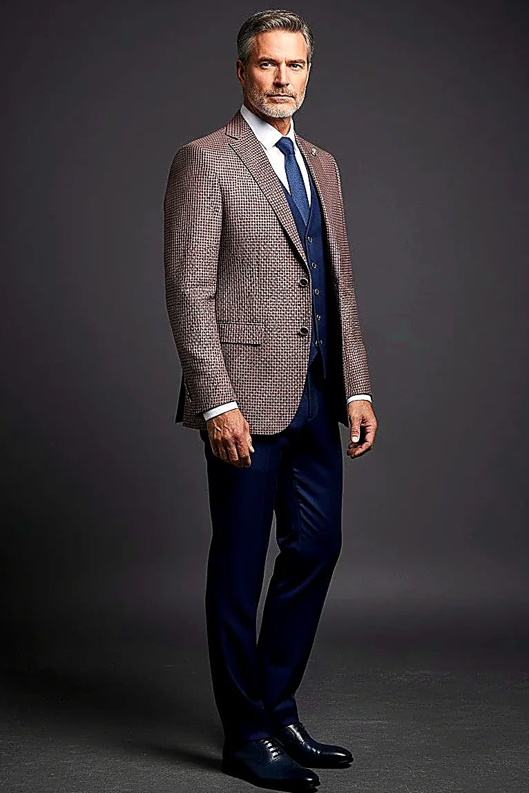 houndstooth in sapphire blue and earthy brown tones, on this sapphire Blue Houndstooth Three-Piece Suit