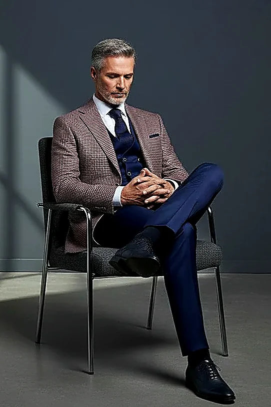 Sapphire Blue Houndstooth Three-Piece Suit showing houndstooth in sapphire blue and earthy brown tones