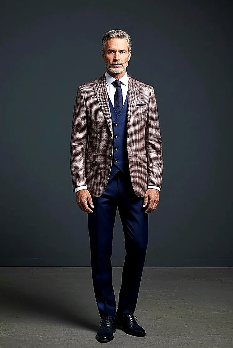 Sapphire Blue Houndstooth Three-Piece Suit — houndstooth in sapphire blue and earthy brown tones
