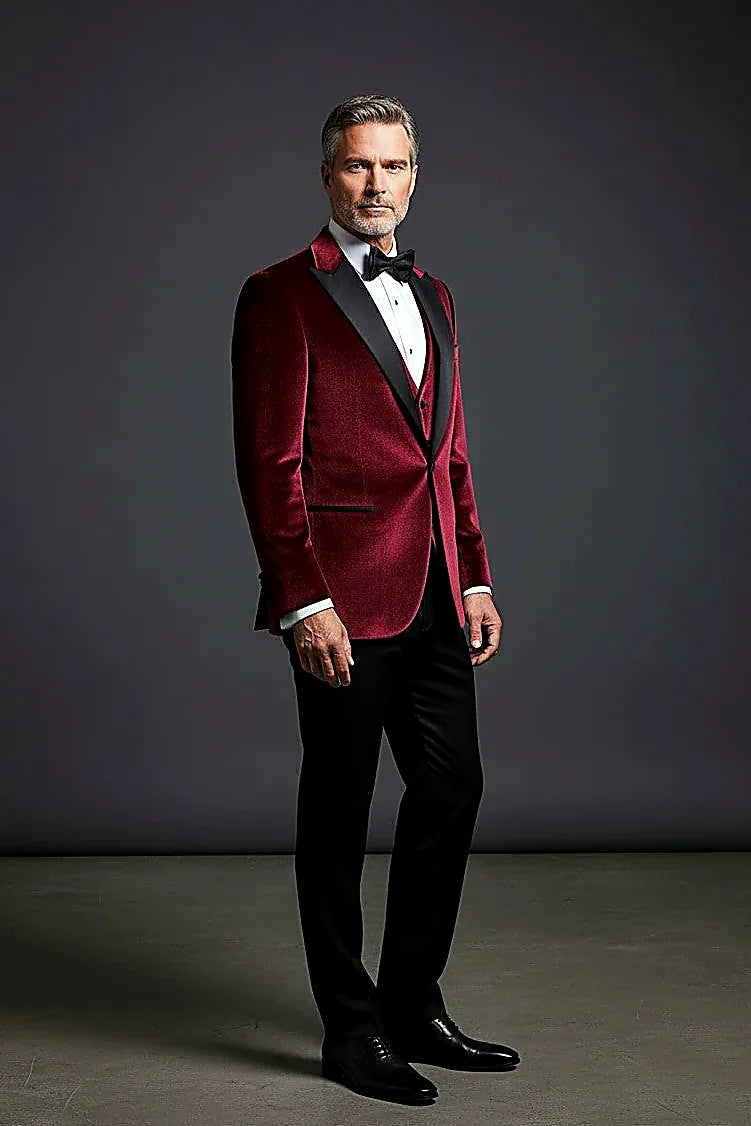 Velvet Three-Piece Tuxedo showing rich velvet framed by a classic satin peak lapel