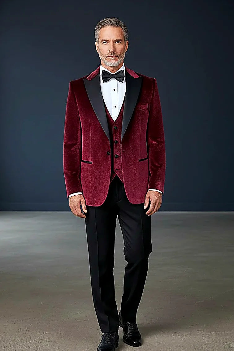 Velvet Three-Piece Tuxedo — rich velvet framed by a classic satin peak lapel