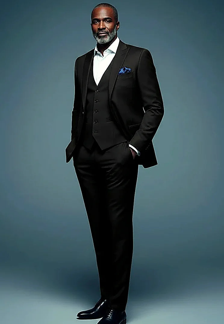 Grey Slim Fit Three-Piece Suit — precision stitching across a slim-cut grey three-piece