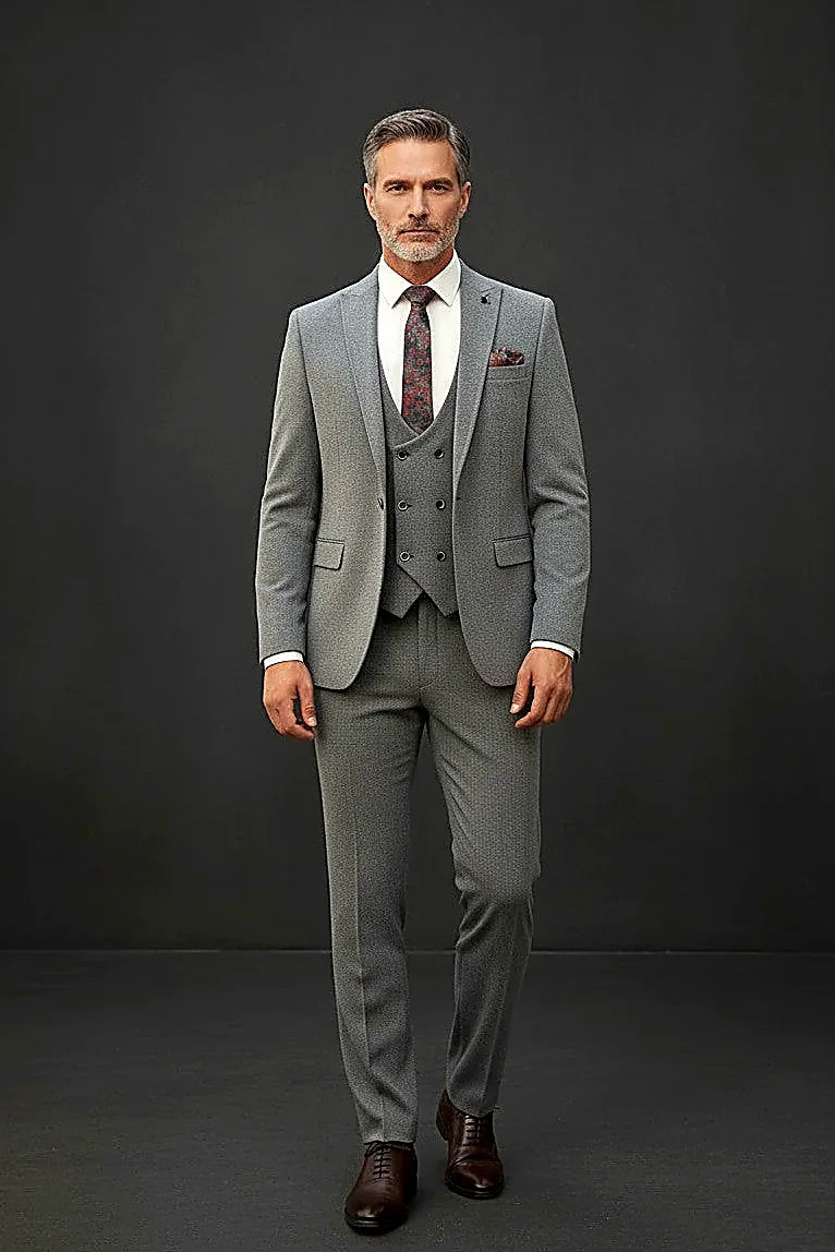 Grey-Blue Three-Piece Suit — a slim-cut grey-blue jacket, vest and trousers