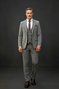 Grey-Blue Three-Piece Suit — a slim-cut grey-blue jacket, vest and trousers