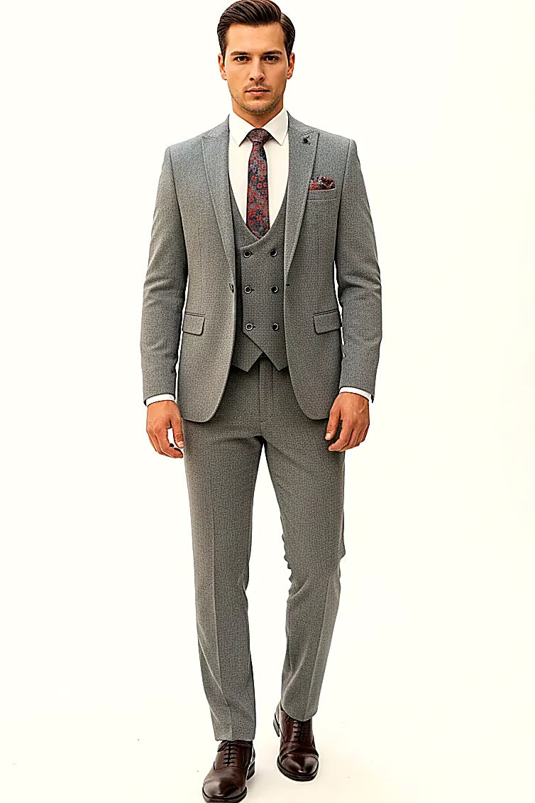 Grey-Blue Three-Piece Suit showing a slim-cut grey-blue jacket, vest and trousers