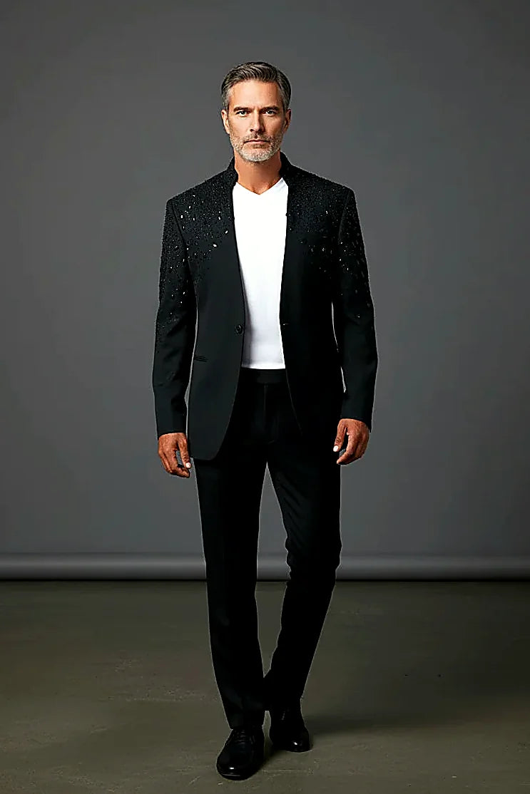 Tears in Heaven Black and Gold Rhinestone Slim Fit Dinner Blazer