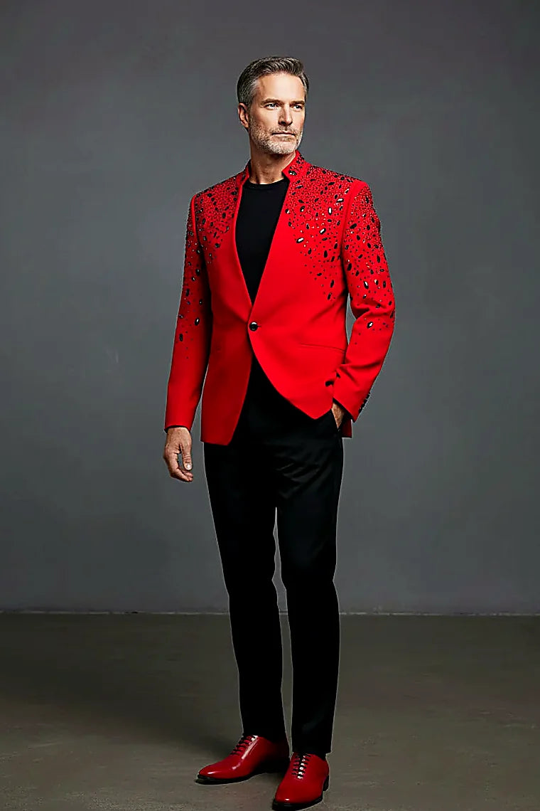Black and Gold Rhinestone Dinner Blazer — black and gold rhinestones with velvet collar finishes