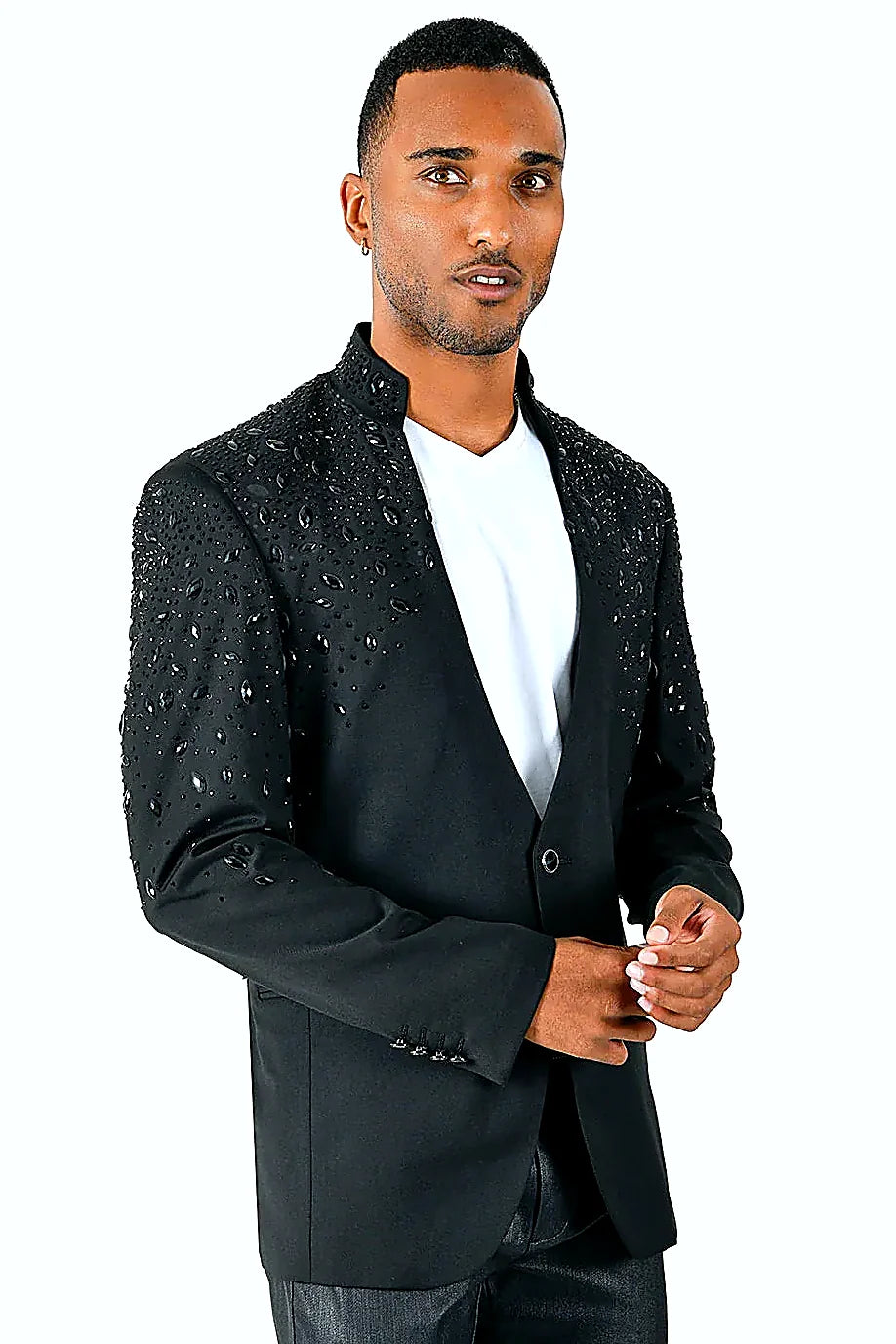 Tears in Heaven Black and Gold Rhinestone Slim Fit Dinner Blazer