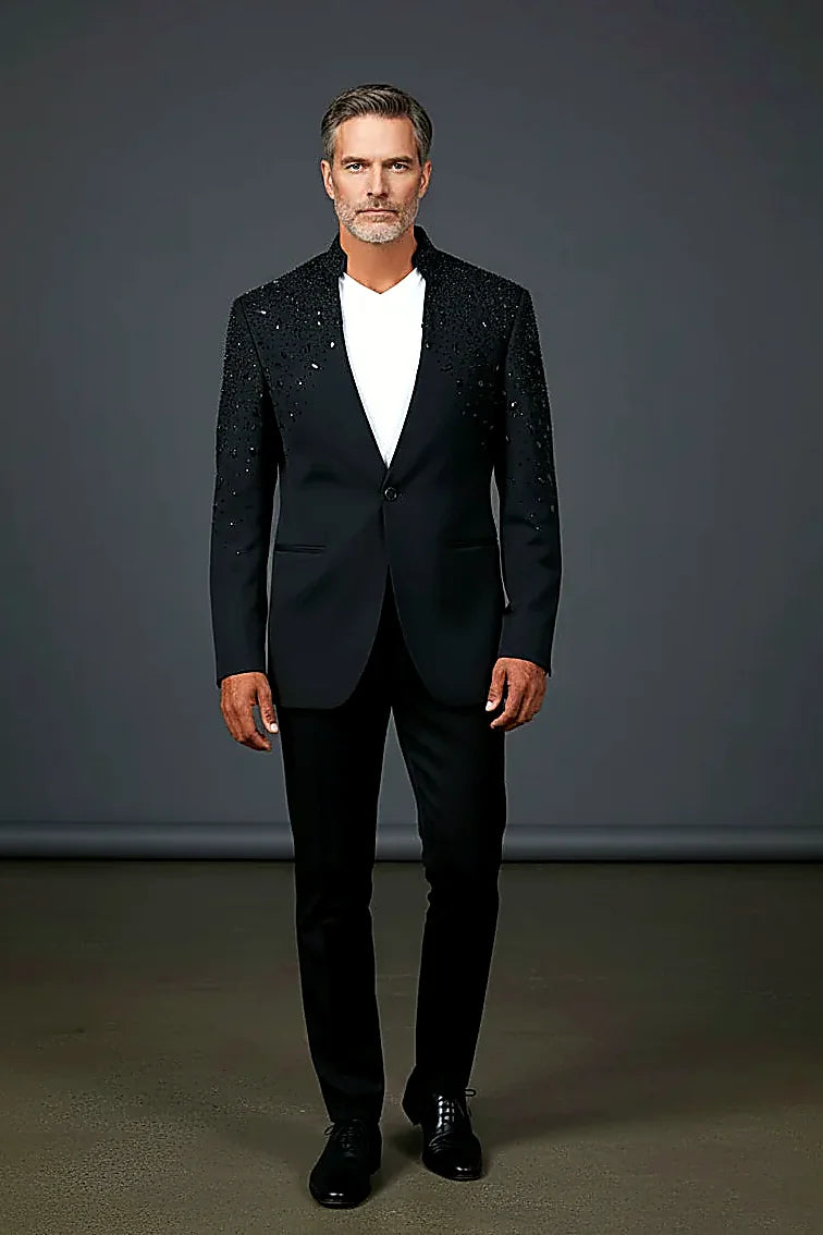 Tears in Heaven Black and Gold Rhinestone Slim Fit Dinner Blazer