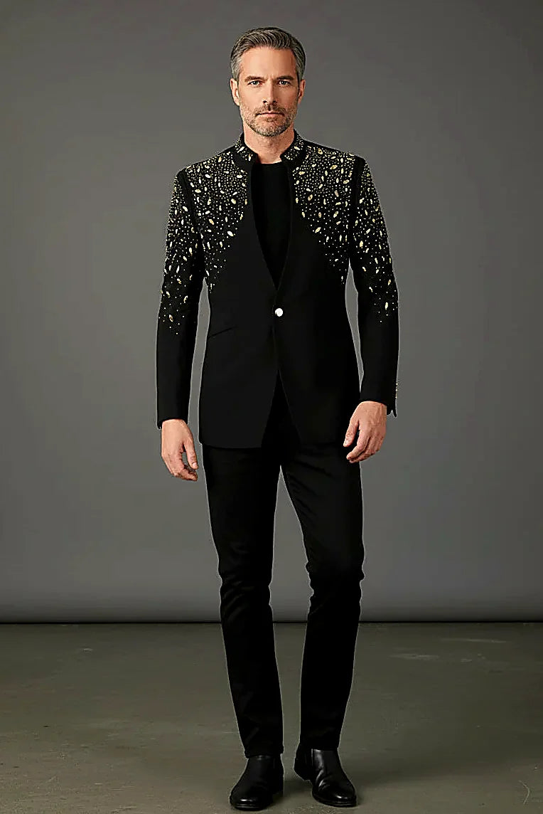 Tears in Heaven Black and Gold Rhinestone Slim Fit Dinner Blazer
