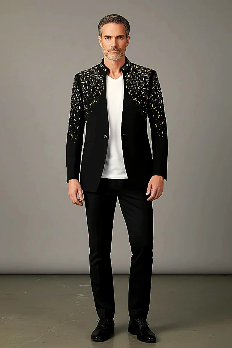Tears in Heaven Black and Gold Rhinestone Slim Fit Dinner Blazer