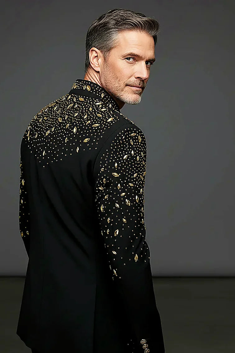 Tears in Heaven Black and Gold Rhinestone Slim Fit Dinner Blazer