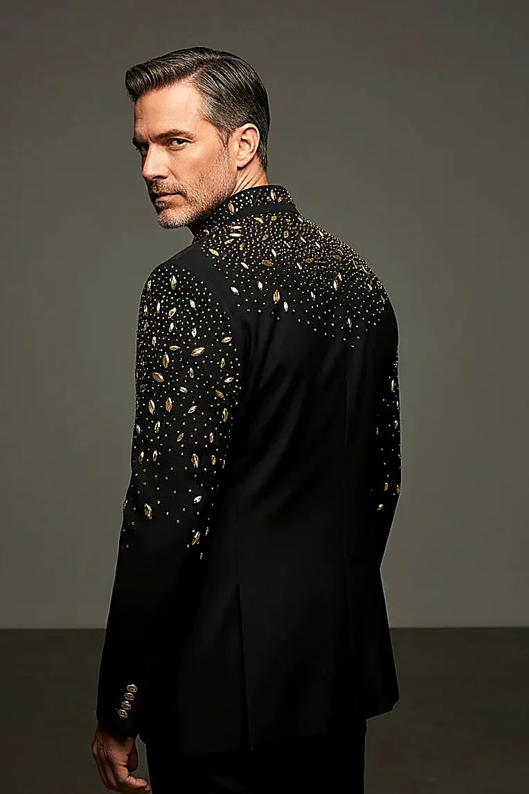 Tears in Heaven Black and Gold Rhinestone Slim Fit Dinner Blazer