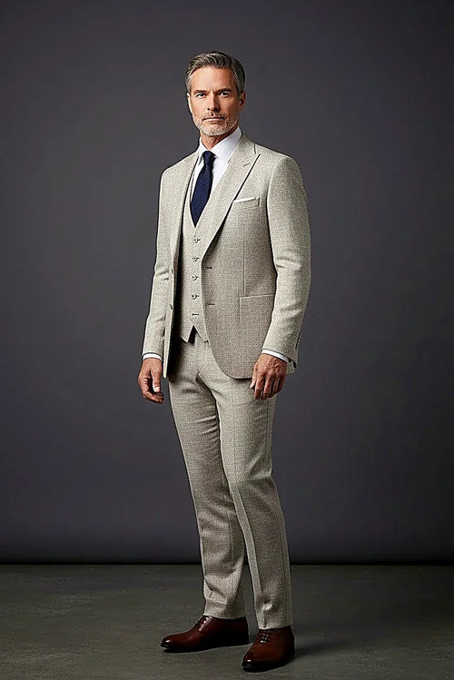 Beige Three-Piece Suit — beige cloth cut with Italian-inspired proportions