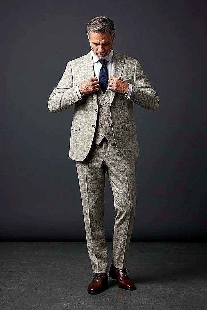 Beige Three-Piece Suit showing beige cloth cut with Italian-inspired proportions