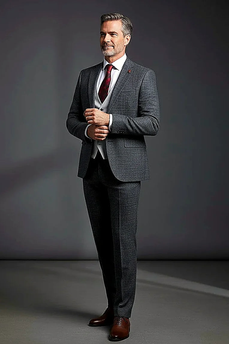 Classic Fit Three-Piece Suit showing a structured blazer with coordinating trousers and vest