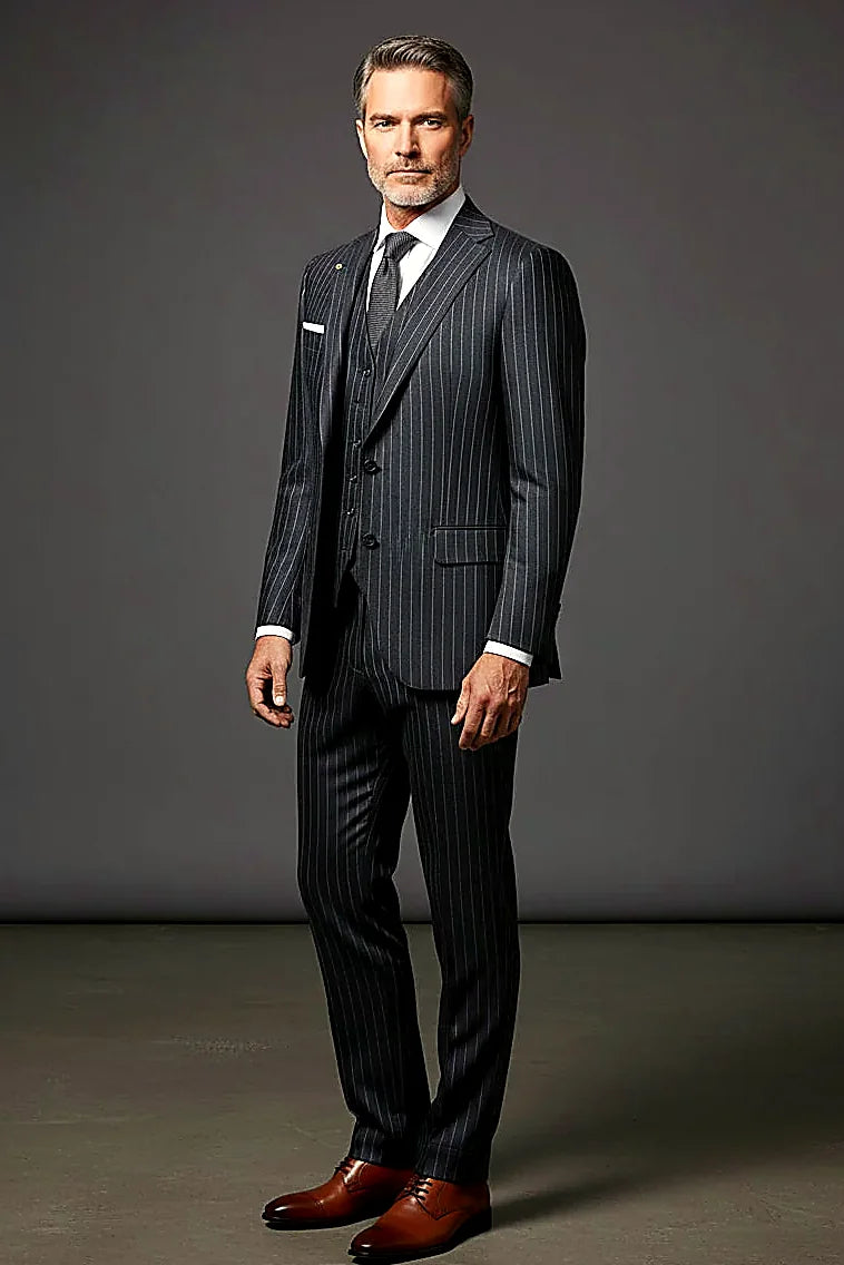 Navy Three-Piece Wool Suit — premium wool drawn into blazer, waistcoat and trousers
