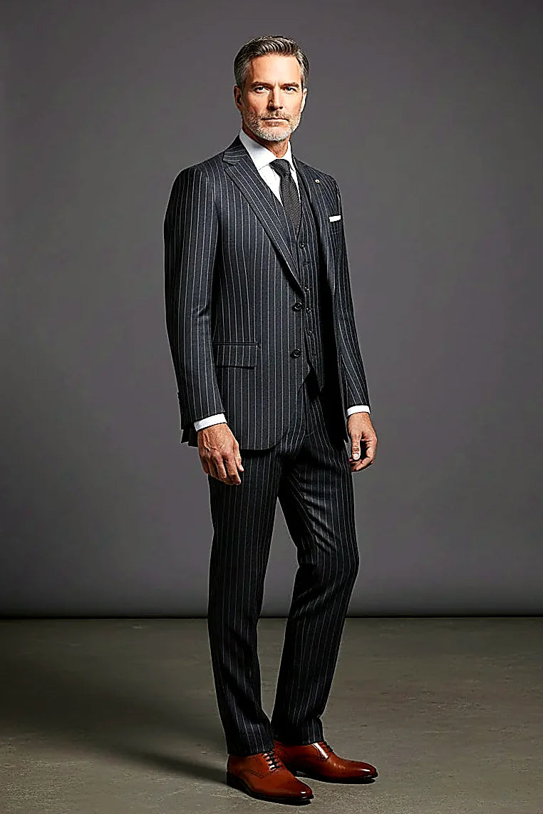 Navy Three-Piece Wool Suit showing premium wool drawn into blazer, waistcoat and trousers