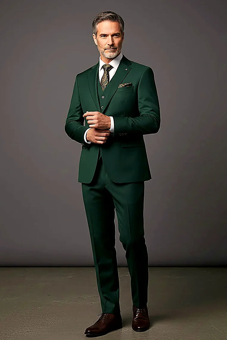 hunter green cloth cut into jacket, trousers and vest, on this hunter Green Three-Piece Suit