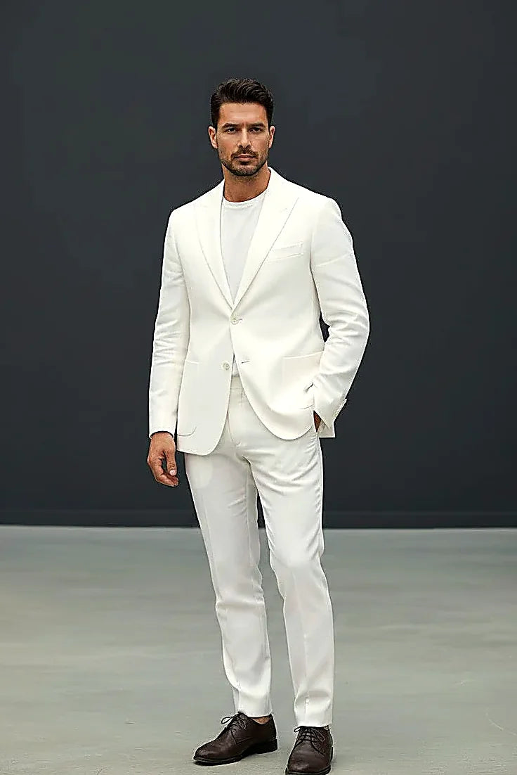 soft washed linen in a tailored blazer and matching trousers