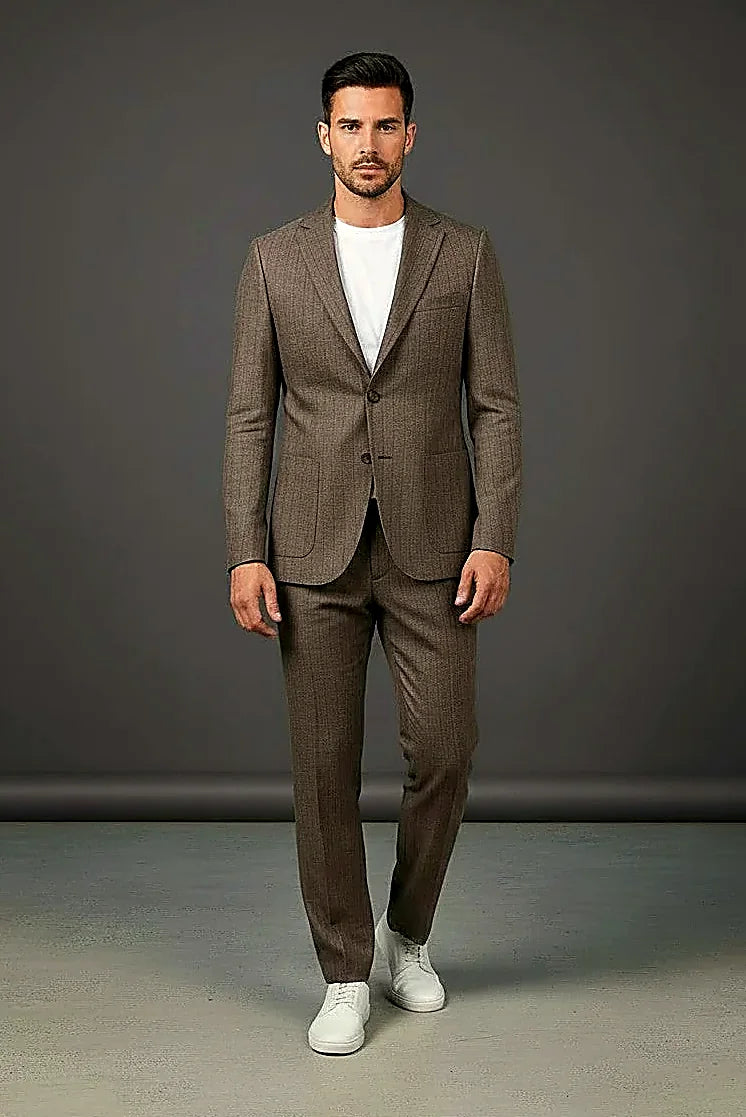 Warm Taupe Two-Piece Suit — premium textured cloth with a subtle stripe weave in warm taupe