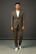 Warm Taupe Two-Piece Suit — premium textured cloth with a subtle stripe weave in warm taupe