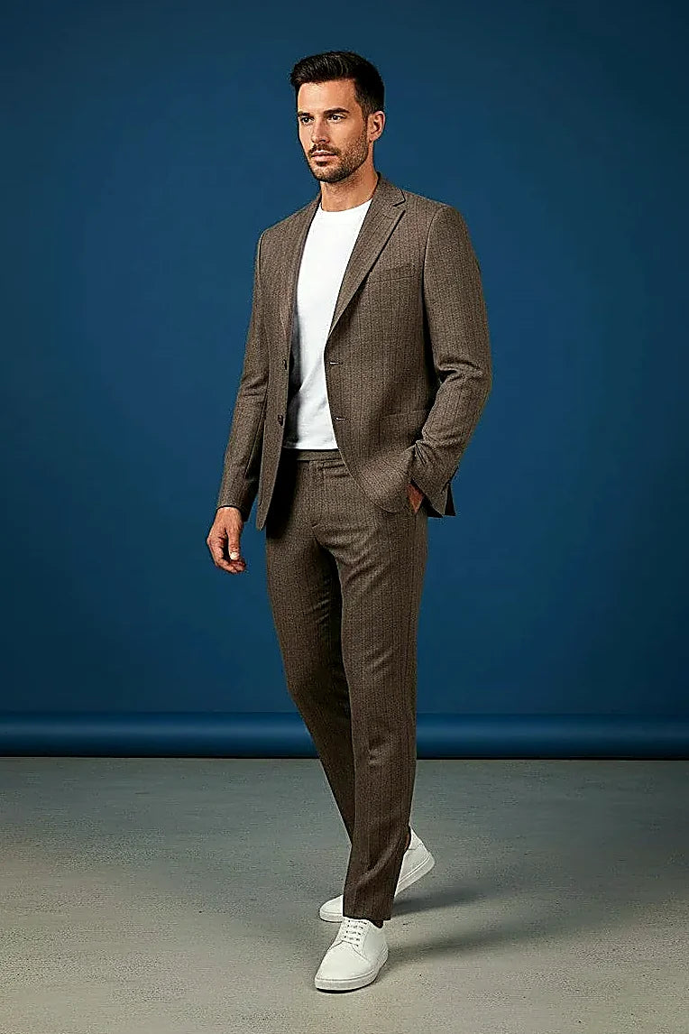 Warm Taupe Two-Piece Suit showing premium textured cloth with a subtle stripe weave in warm taupe