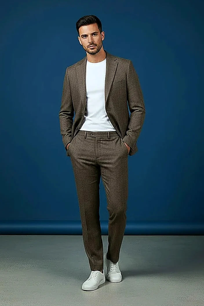 premium textured cloth with a subtle stripe weave in warm taupe, on this warm Taupe Two-Piece Suit