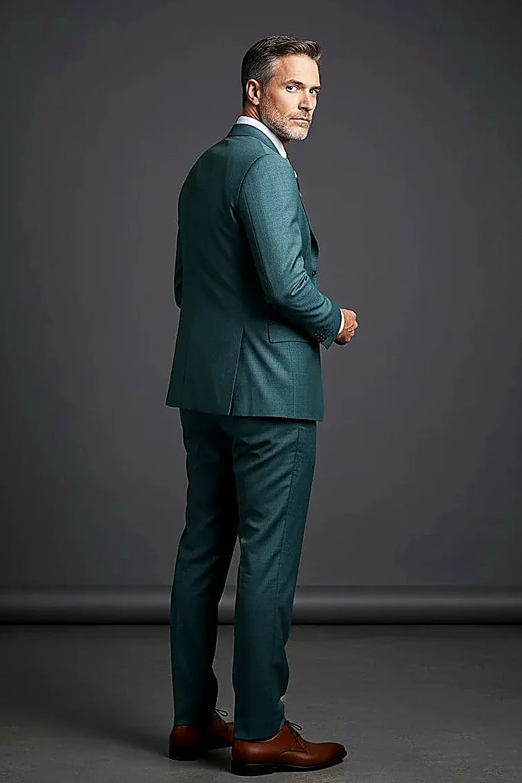 a high-quality textured weave in rich green-teal, on this green-Teal Three-Piece Suit