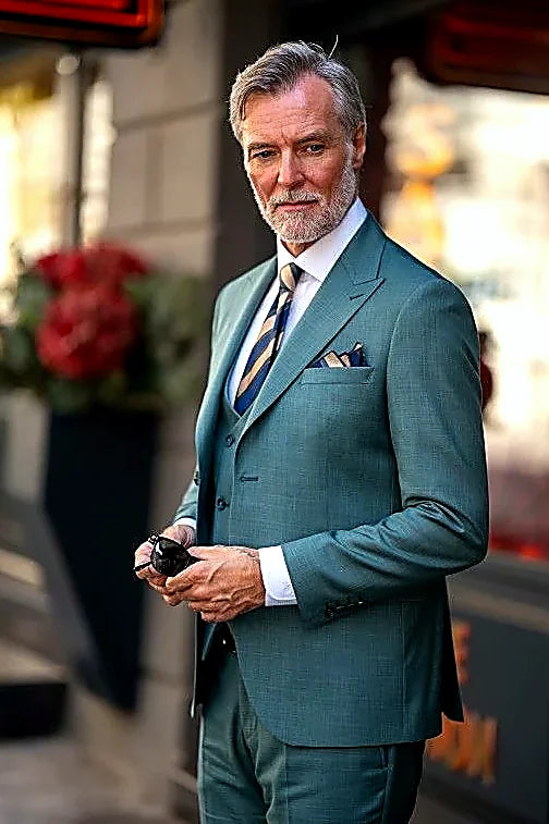 Green-Teal Three-Piece Suit showing a high-quality textured weave in rich green-teal