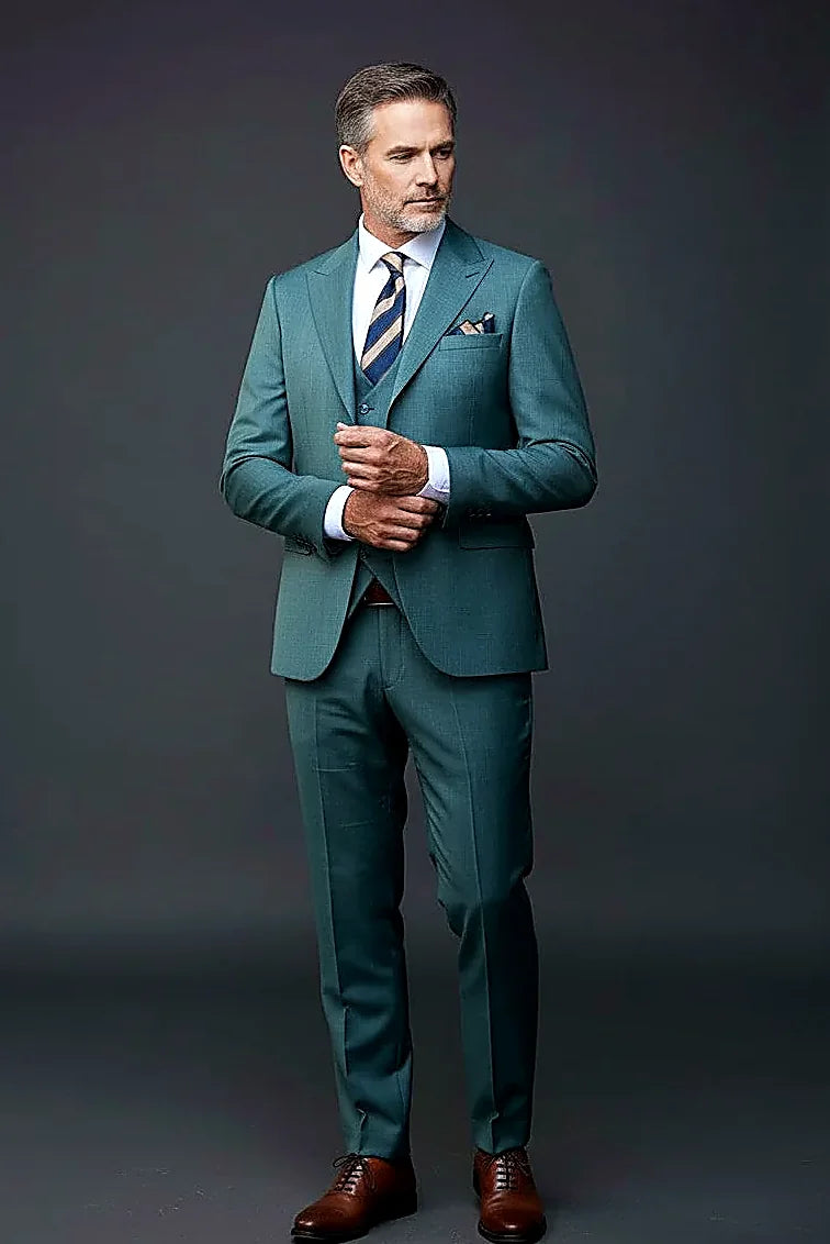 Green-Teal Three-Piece Suit — a high-quality textured weave in rich green-teal