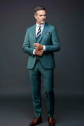 Green-Teal Three-Piece Suit — a high-quality textured weave in rich green-teal