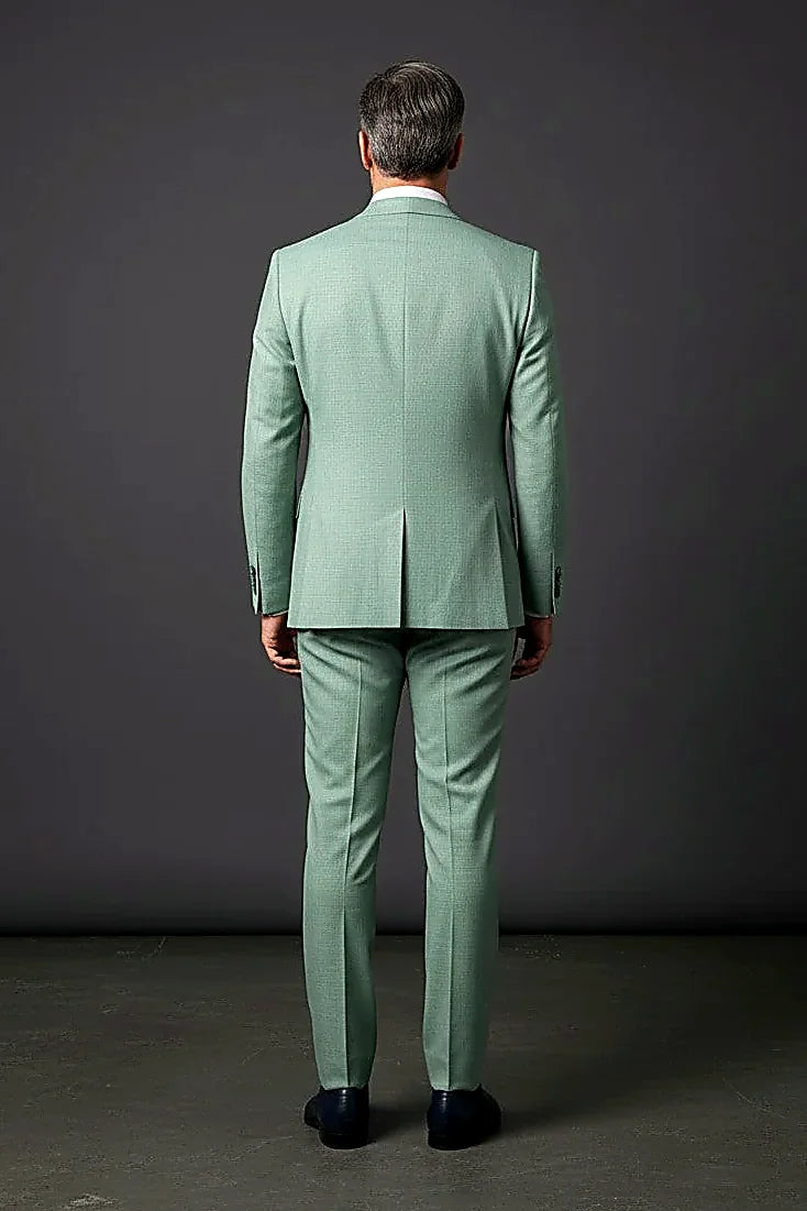 Salmon Two-Piece Suit showing a premium blend cut slim in salmon