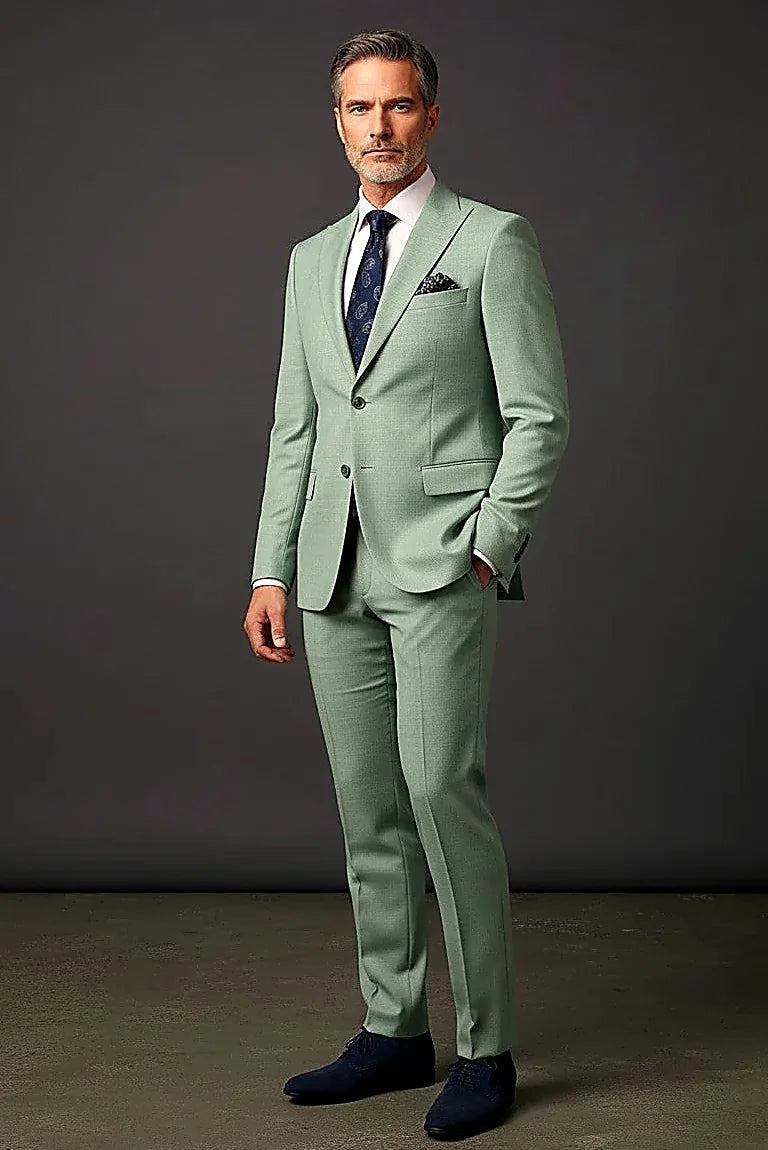 Salmon Two-Piece Suit — a premium blend cut slim in salmon
