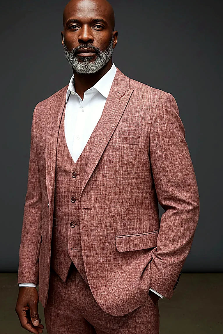 a cross-hatch birdseye weave in multi-tonal brown, on this brown Birdseye Three-Piece Suit