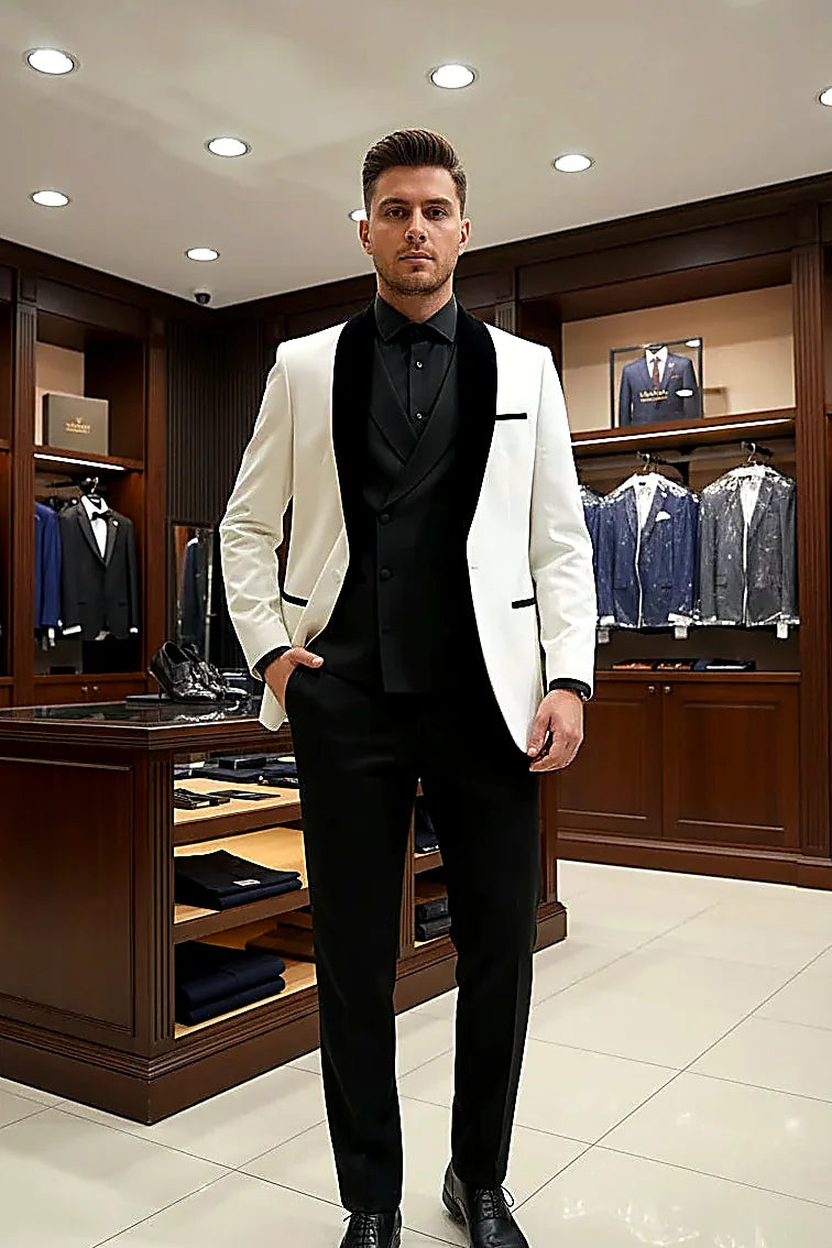 White Tuxedo — black velvet shawl lapel and pocket trim against crisp white