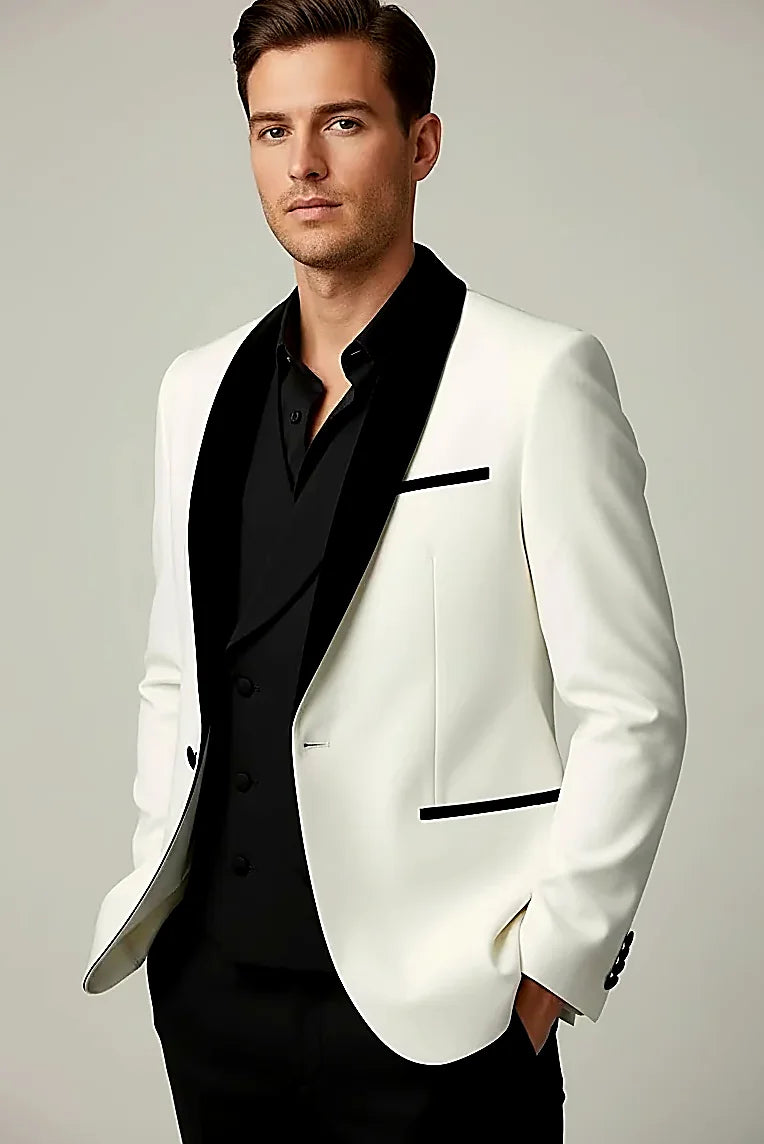 black velvet shawl lapel and pocket trim against crisp white, on this white Tuxedo