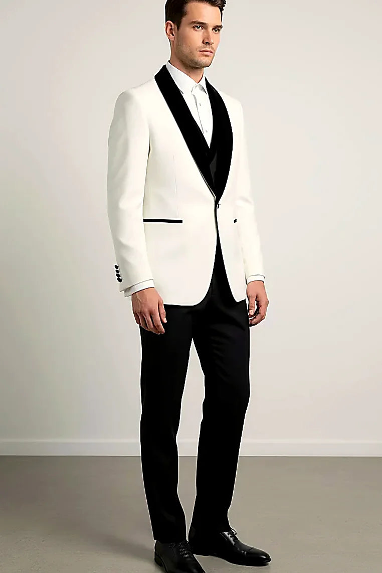 black velvet shawl lapel and pocket trim against crisp white