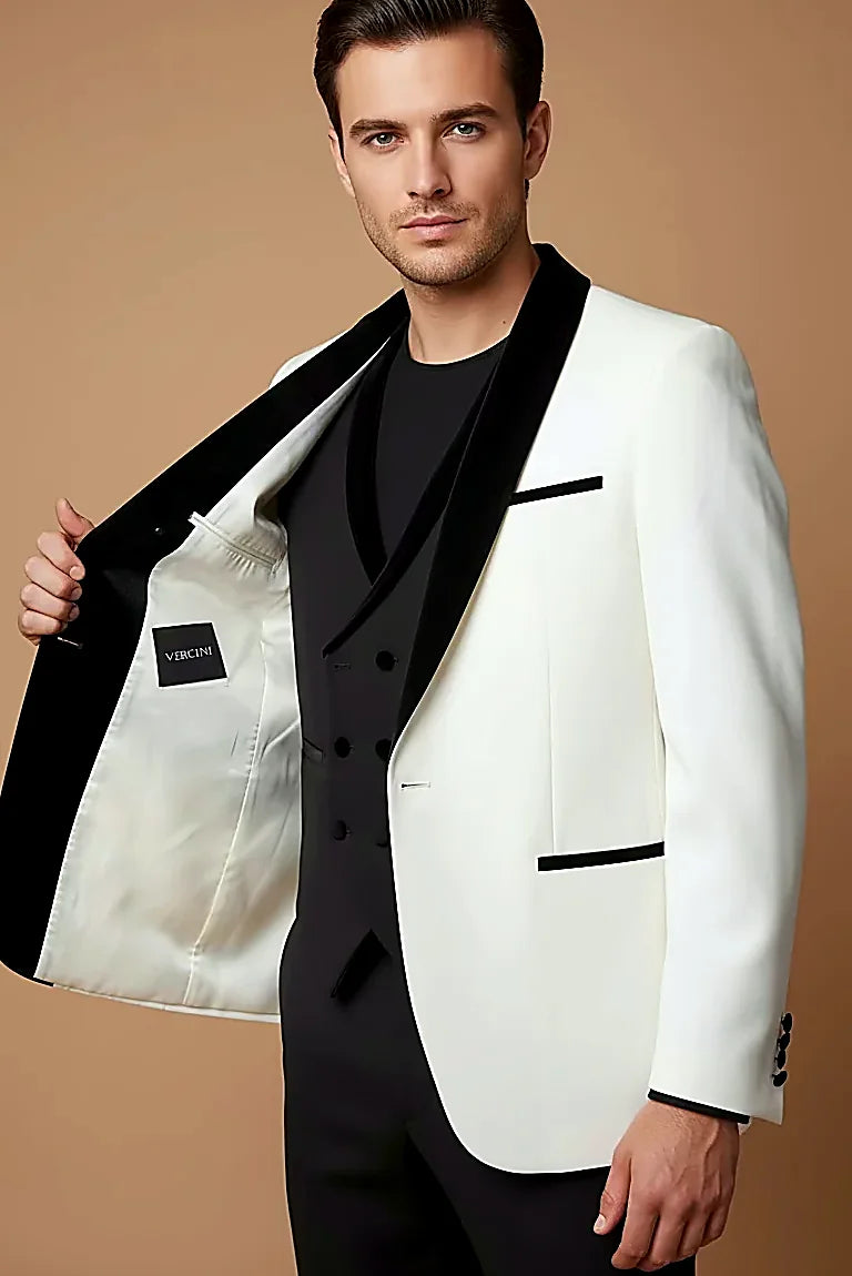 White Tuxedo showing black velvet shawl lapel and pocket trim against crisp white